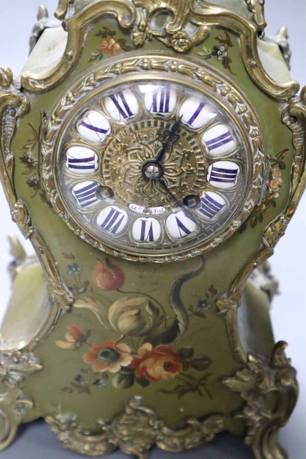 A Vernis Martin style mantel clock, with ormolu mounts, Japy Freres gong-striking movement, height 36cm